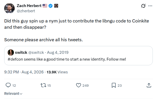 Captured screenshot: Zach Herbert asks whether the libngu contributor was a nym for DocHex