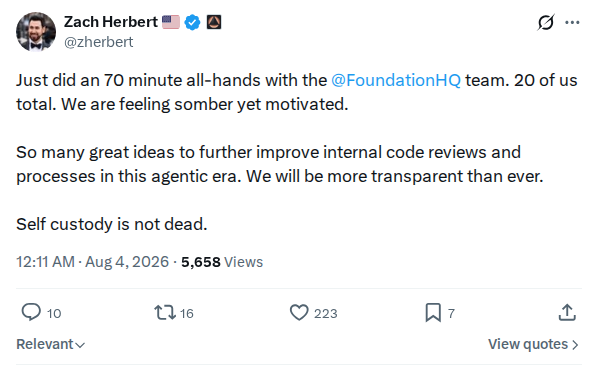 Captured screenshot: Zach Herbert reports Foundation all-hands on incident response and transparency