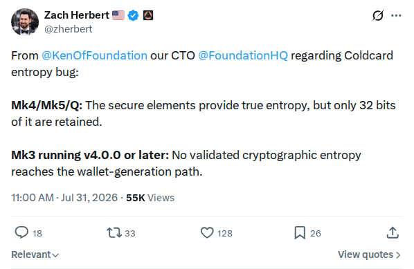 Captured screenshot: Zach Herbert relays Foundation CTO's Coldcard entropy analysis