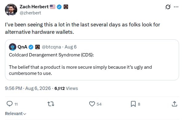 Captured screenshot: Zach Herbert on users looking for alternative hardware wallets