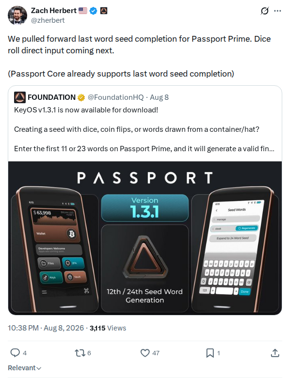 Captured screenshot: Foundation pulled forward last-word seed completion for Passport Prime