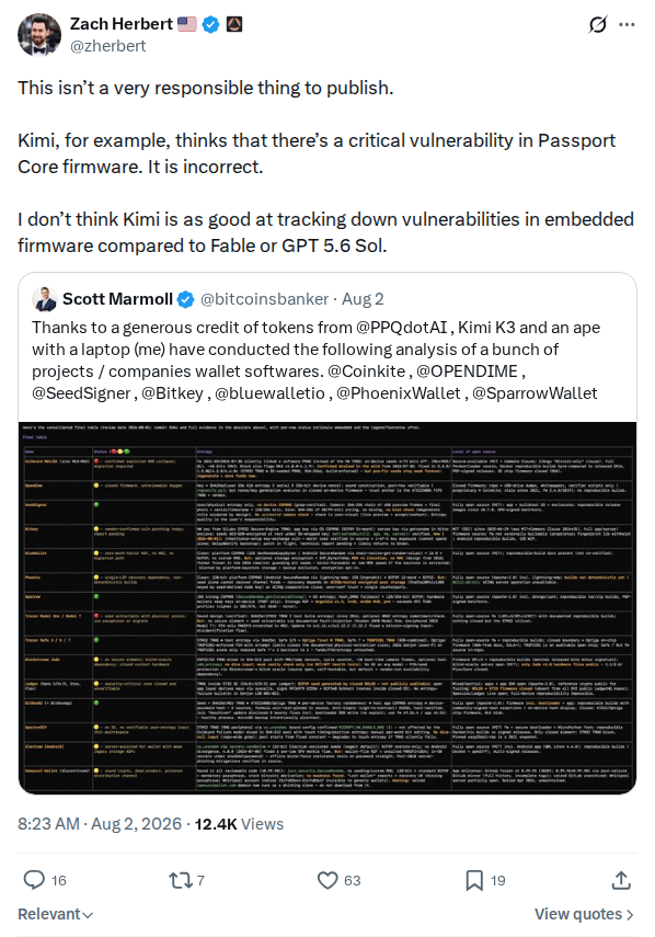 Captured screenshot: Zach Herbert rebuts Kimi claim of Passport Core firmware vulnerability