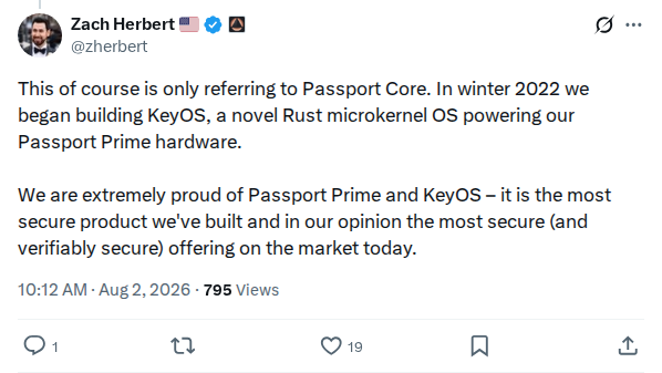 Captured screenshot: Zach Herbert clarifies Passport Core versus KeyOS in Passport Prime