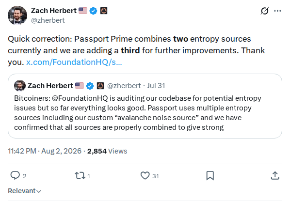 Captured screenshot: Zach Herbert corrects Passport Prime entropy source count
