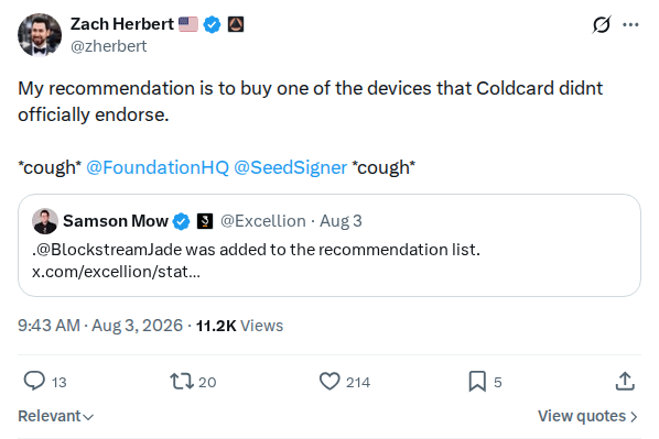 Captured screenshot: Zach Herbert recommends devices Coldcard did not officially endorse