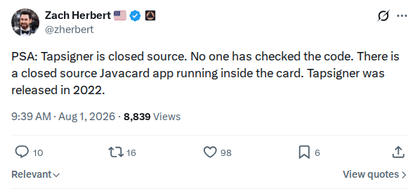 Captured screenshot: Tapsigner closed-source warning