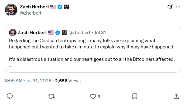 Captured screenshot: Zach Herbert on why the Coldcard entropy bug may have happened
